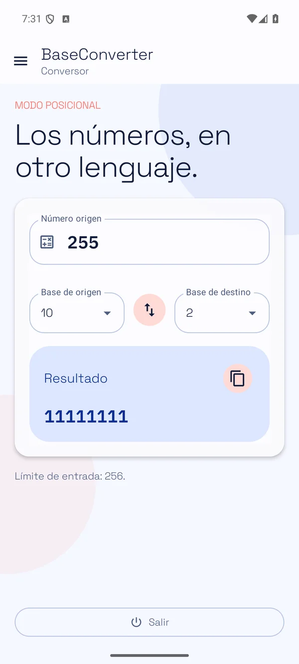 Captura de la aplicación Base Converter