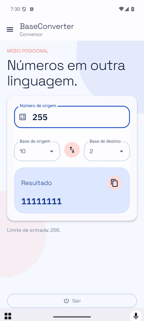 Captura do aplicativo: Base Converter